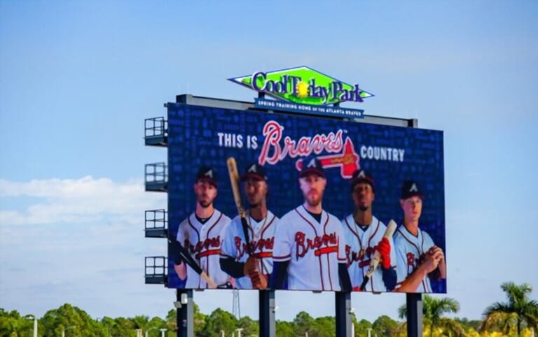 North Port FL January 29 2020 A close-up of the Cool Today Park scoreboard at the new Atlanta Braves spring training baseball facility in North Port FL. Braves players are featured on the scoreboard