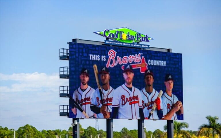 North Port FL January 29 2020 A close-up of the Cool Today Park scoreboard at the new Atlanta Braves spring training baseball facility in North Port FL. Braves players are featured on the scoreboard North Port FL January 29 2020 A close-up of the Cool Today Park scoreboard at the new Atlanta Braves spring training baseball facility in North Port FL. Braves players are featured on the scoreboard