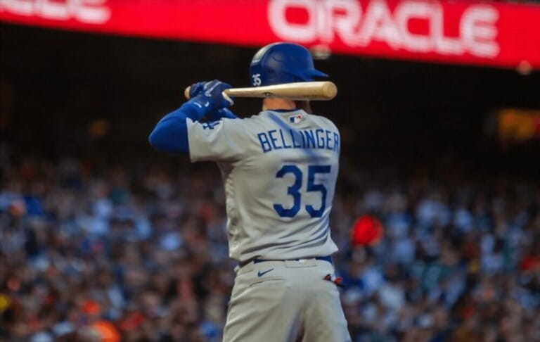 Los Angeles Dodgers outfielder Cody Bellinger bats against the San Francisco Giants at Oracle Park.